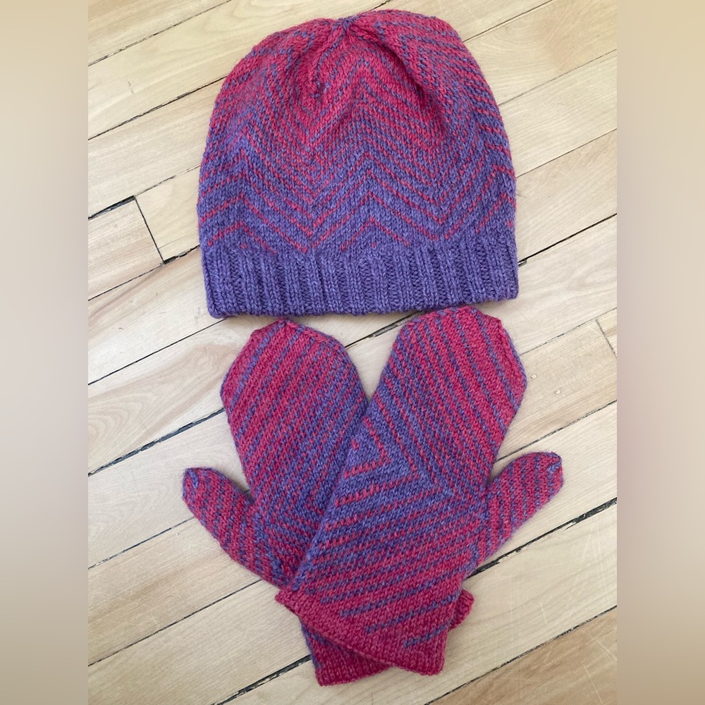 New handknit winter hat with matching mittens